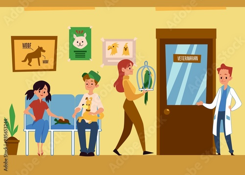 Vet clinic interior with pets and people flat cartoon vector illustration isolated. © sabelskaya