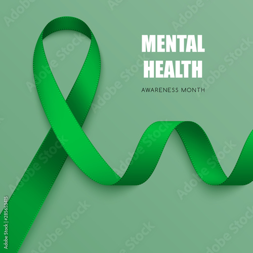 Realistic green ribbon. Symbol of adrenal cancer, glaucoma, mental health awareness