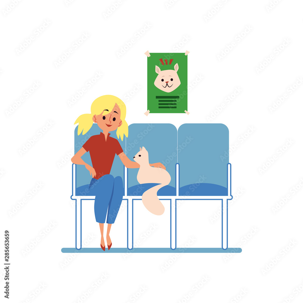 Woman with a pet cat in a veterinary clinic flat vector illustration isolated.
