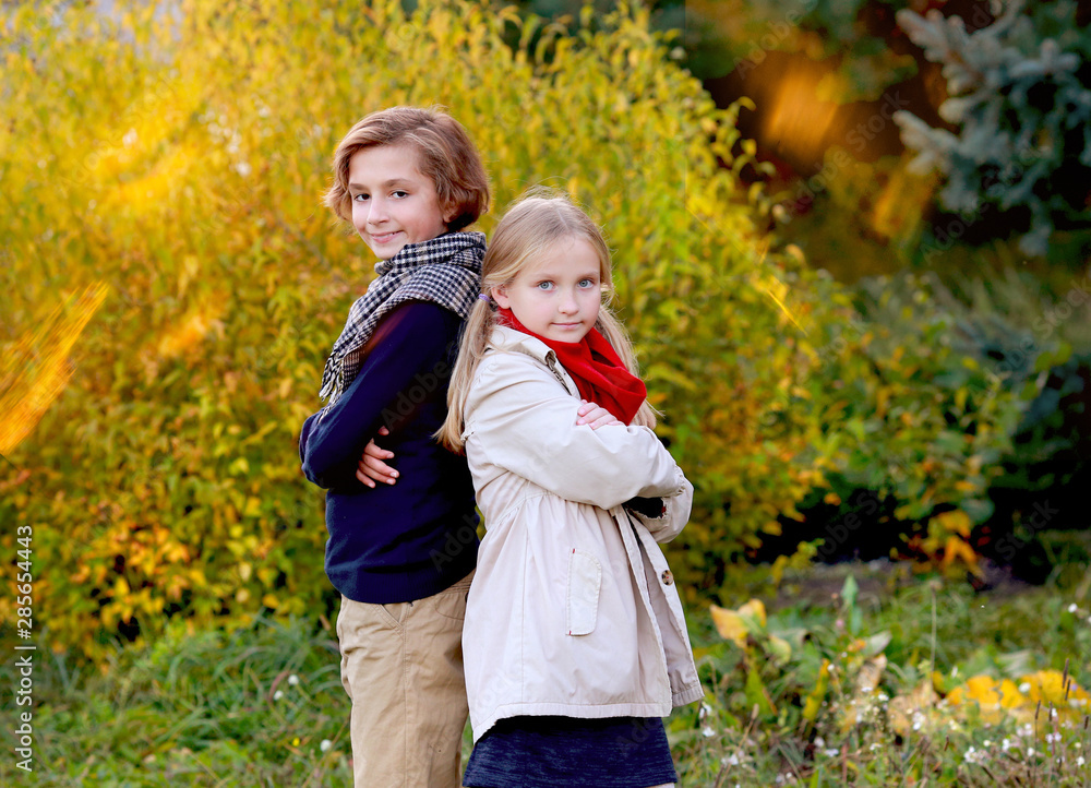 children in the autumn park walk and have fun
