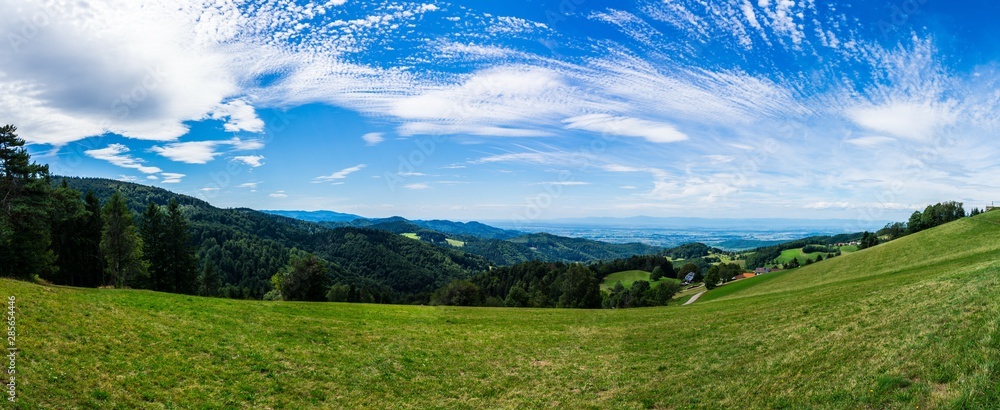 Germany, XXL panorama of german black forest nature landscape perfect for hiking at st ulrich near freiburg im breisgau with endless forest scenery