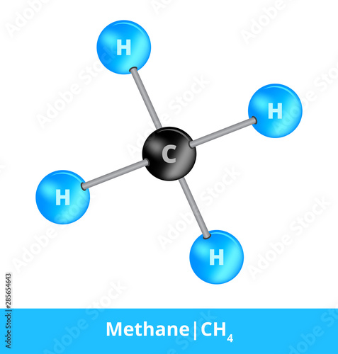 Vector ball-and-stick model model of chemical substance. Icon of methane molecule CH4 consisting of carbon and hydrogen. Structural formula suitable for education isolated on a white background.