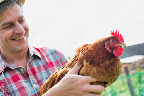 Mature farmer wearing hat and holding hen at farm