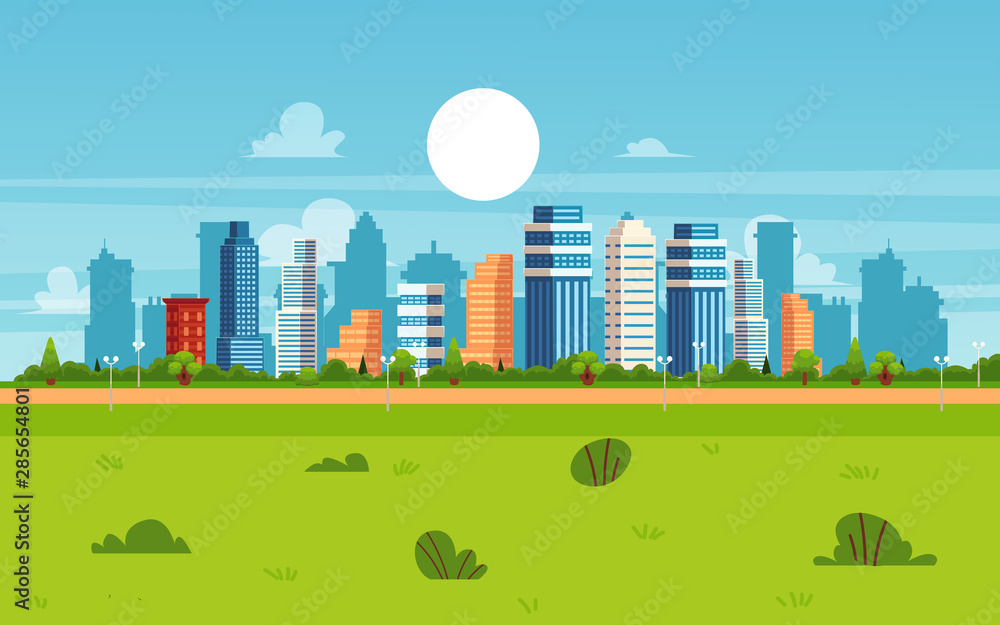 Cartoon city landscape on summer day - modern flat cityscape banner