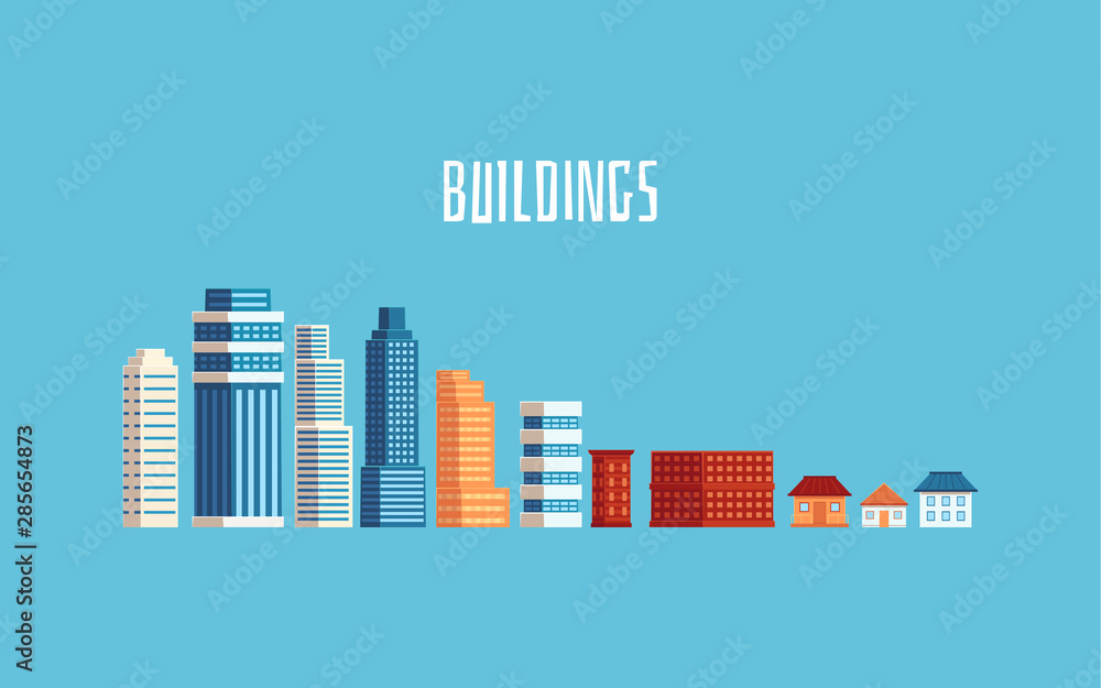 Modern and old buildings or city houses set of flat vector icons isolated.