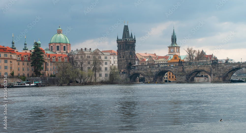 Prague, Czech Republic, Vltava river and Charles bridge