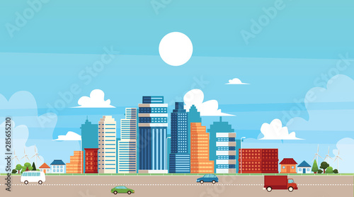 Urban and suburban landscape with buildings and traffic flat vector illustration.