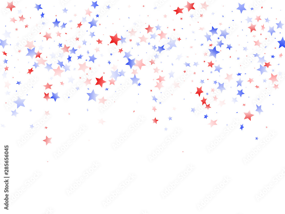 Flying red blue white star sparkles on white vector american patriotic background.
