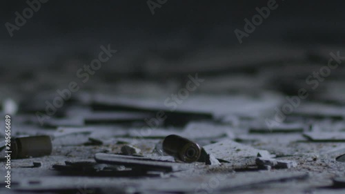 Shooting.The cartridge from the gun falls to the ground.Reload the gun. Slow motion