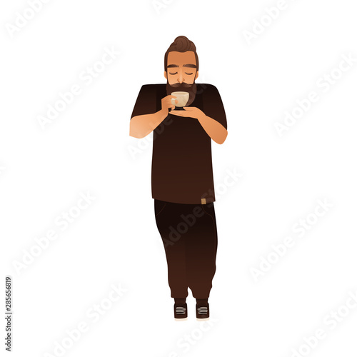 Cartoon man holding a cup of coffee and having a drink.