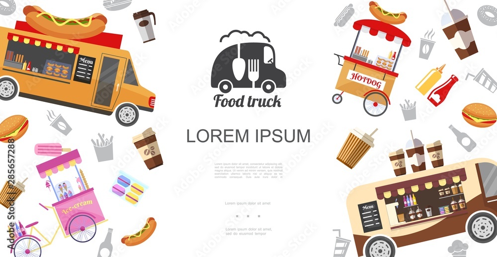 Fototapeta premium Street Food Trucks And Carts Template