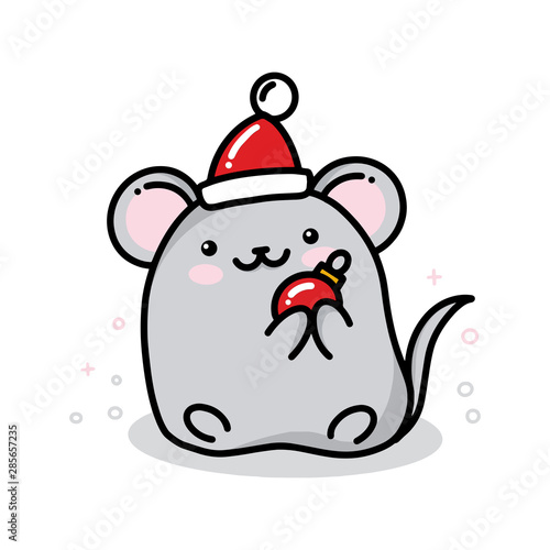 Vector kawaii new year mouse with red hat and christmas ball, cure mascot of 2020 new year by Chinese calendar for poster, banner, logo, icon, greeting card or invitation, isolated without background