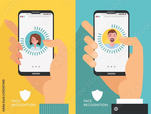 Face ID. Recognition system. Biometric identification. Face scanner. Set of Smartphones in male and femalehands. Face avatar on thephone screen with man and woman. vector illustration, flat design photo