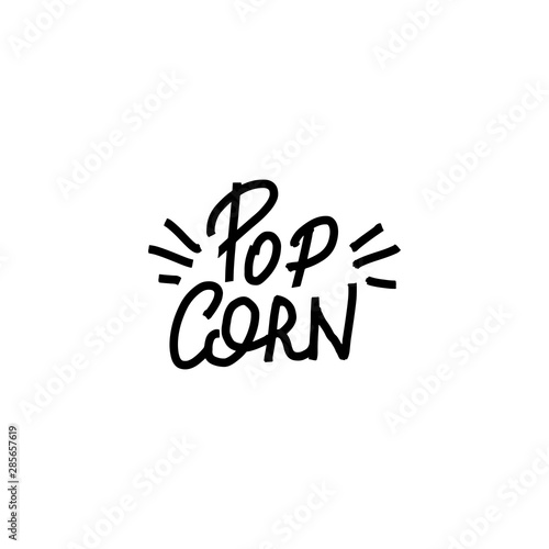 Popcorn text label with popping. Hand drawn typography sign. Black and white logo. Vector illustration. Graphic Design for print on pack, packaging, tee t-shirt, poster, banner, flyer card. photo