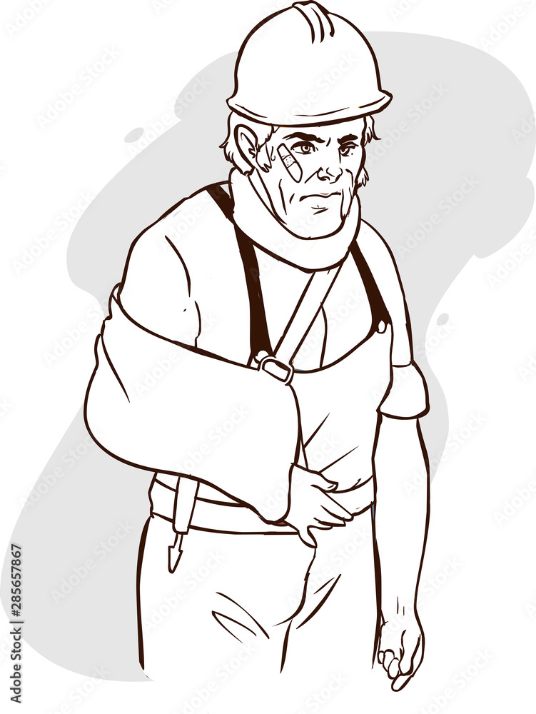 Obraz premium Injured builder with broken arm vector image.