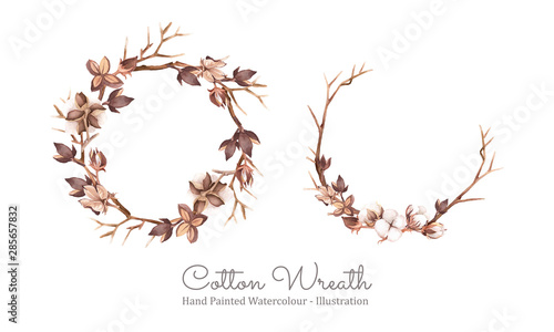 Cotton wreath. Arrangement of cotton boll, pod, shell, and Twig. Hand painted watercolour. Vector illustration