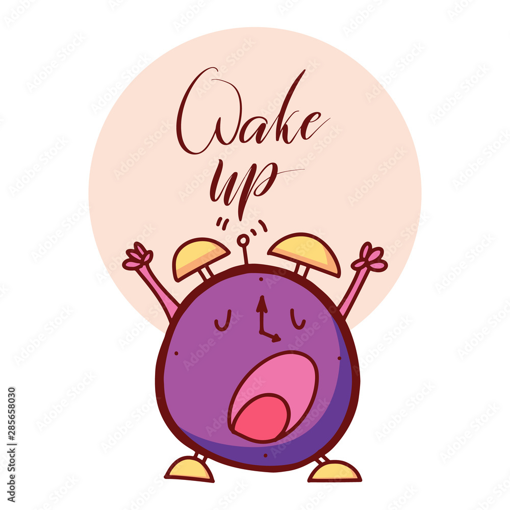 Fototapeta premium Wake up!! Lettering cartoon vector illustration with alarm clock on white background. Wake up lettering. Vector illustration.