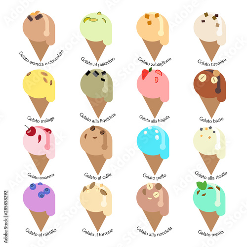 Italian ice cream tipes set. Flat vector illustration.