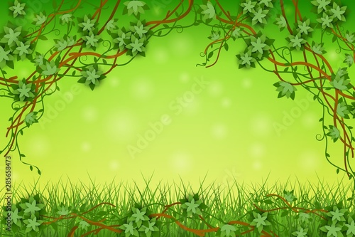 Green background with tropical vines and grass, exotic plants and leaves.