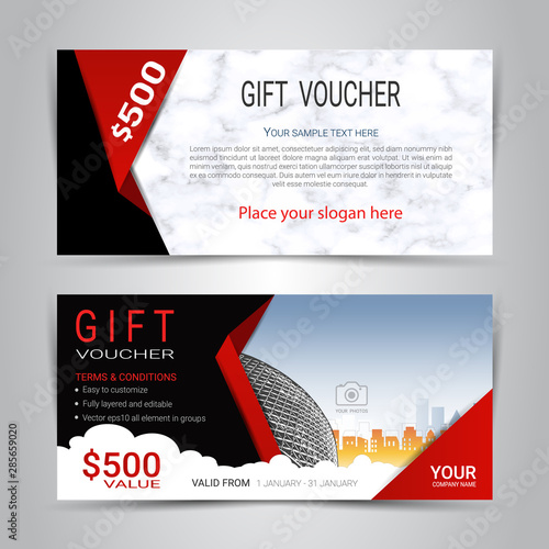 Gift certificates and vouchers, discount coupon or banner web template with marble texture imitation background, clean and modern pattern design for make an image of the product your company offers.