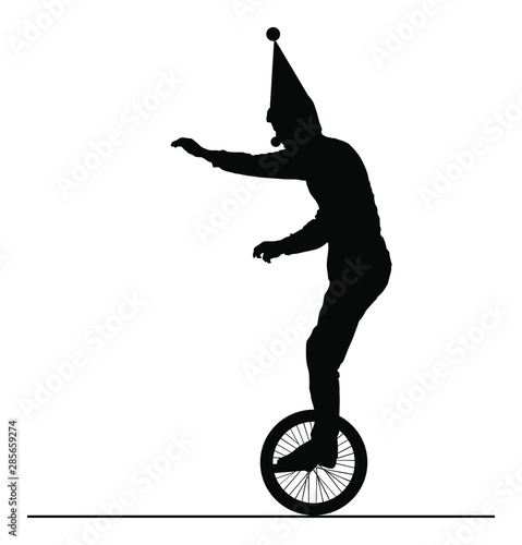 Circus Artist performer vector silhouette on white background. Clown mono cyclic, riding mono cycle on a wire above audience. Entertainment for kids. Happy birthday Children animator. Acrobat on stage