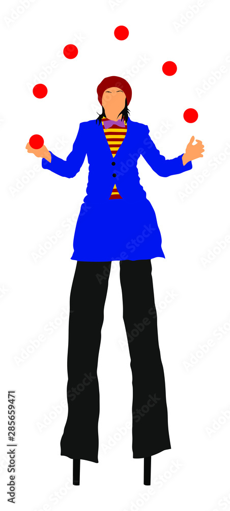 Circus clown on stilts. Woman juggler artist juggling with balls vector illustration isolated on white background. Street actor. Performer acrobat. Birthday party animator for children entertainment. Circus clown on stilts. Woman juggler artist juggling with balls vector illustration isolated on white background. Street actor. Performer acrobat. Birthday party animator for children entertainment.