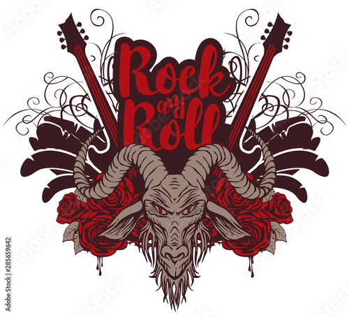 Vector music banner with goat head, electric guitar, wings, red roses, drips of blood and inscription Rock and roll. Creative illustration for t-shirt design in modern style