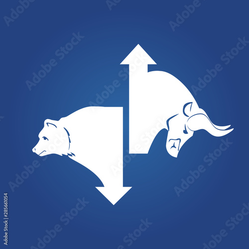 Bullish And Bearish Markets. Silhouette of a bull and a bear in front of trending arrows in between of them. Vector. 