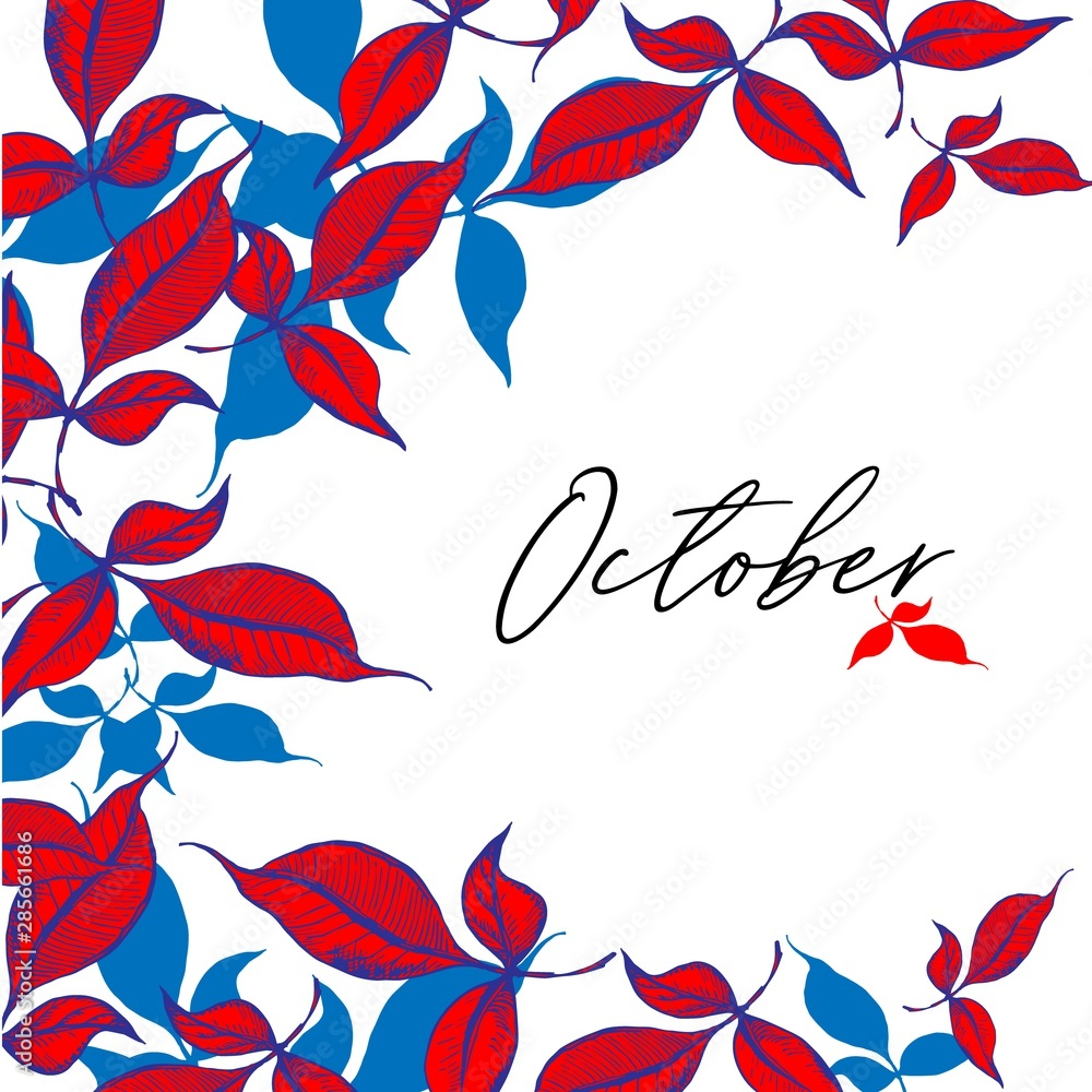 October script word in a social media post or banner design template with autumn leaves. Vector illustration for poster, postcard, greeting card, invitation template. Concept October advertising. October script word in a social media post or banner design template with autumn leaves. Vector illustration for poster, postcard, greeting card, invitation template. Concept October advertising.