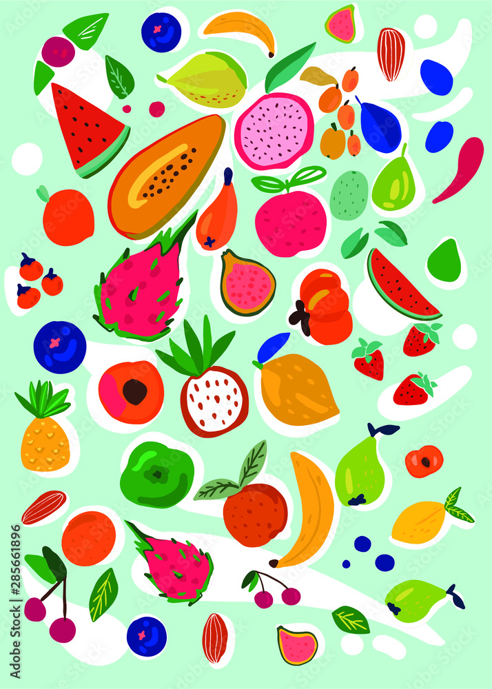 Fototapeta premium Different kind of fruits. Colorful vector background.
