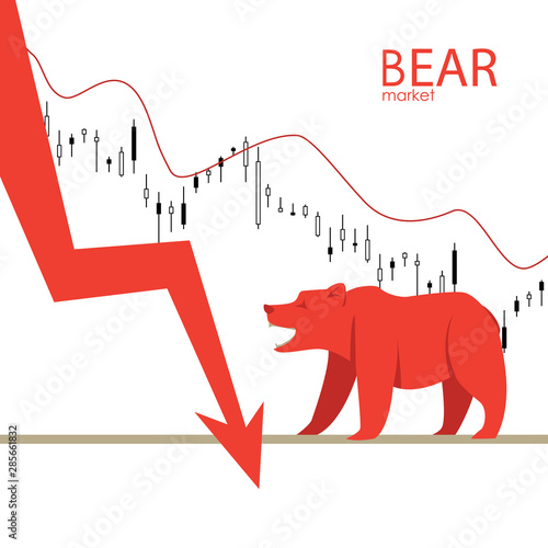 Bear market. Bear and red arrow. The chart and the indicator show a downward trend. Stock market vector.