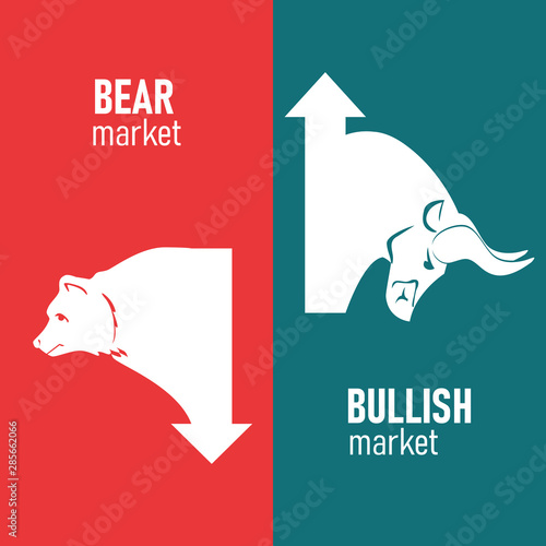 Bullish And Bearish Markets. Silhouette of a bull and a bear in front of trending arrows in between of them. Vector.  photo