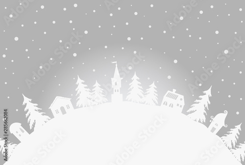 Christmas background. Winter village. Fairy tale winter landscape. There are white houses and fir trees on a gray background in the image. There is a place for text. Vector illustration