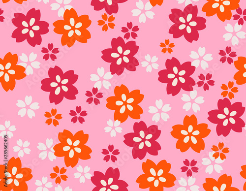 Japanese Pink and Orange Cherry Blossom Seamless Pattern