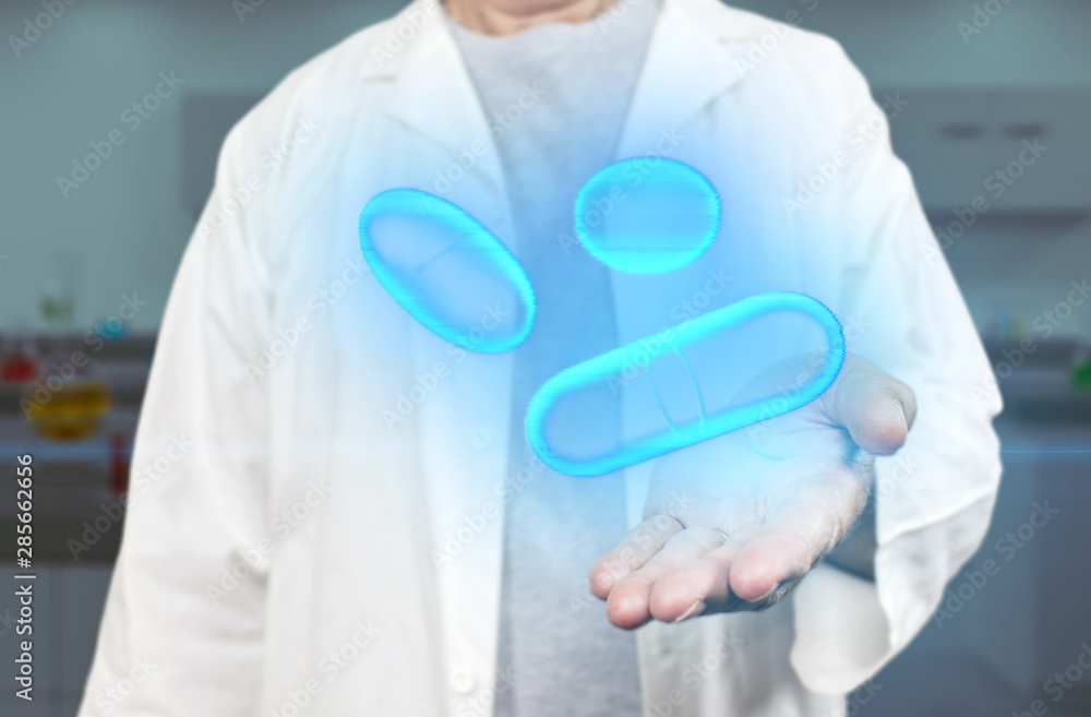 Old medicine doctor holding x-ray hologram pills and medics on a blurred blue laboratory background 3d rendering. Biotech, biology and science concept with modern virtual screen interface. Old medicine doctor holding x-ray hologram pills and medics on a blurred blue laboratory background 3d rendering. Biotech, biology and science concept with modern virtual screen interface.