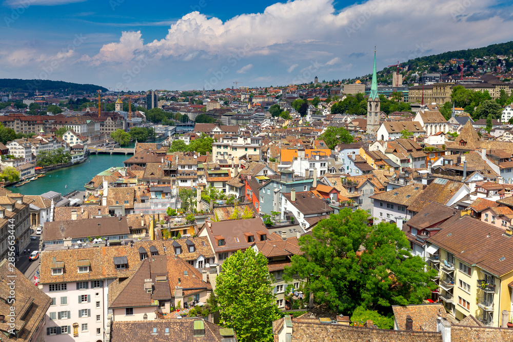 Aerial view of city rooftops and towers. Zurich. Switzerland.