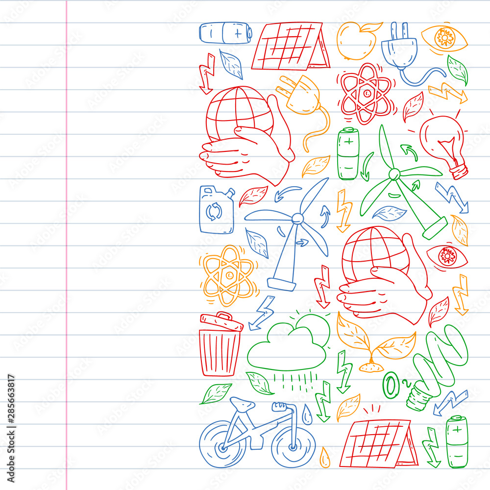 Fototapeta premium Cleaning services company vector pattern, drawing in exercise book.