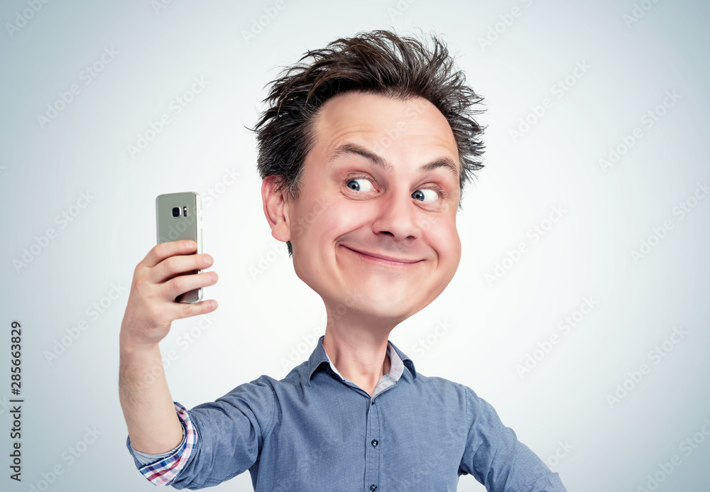Comical cartoon of a funny smiling man in shirt who takes selfie on  smartphone Stock Photo | Adobe Stock