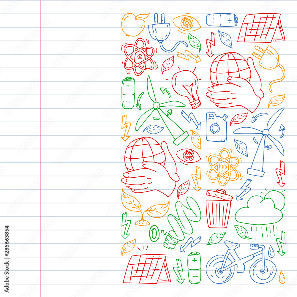 Fototapeta premium Cleaning services company vector pattern, drawing in exercise book.