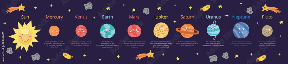 Cartoon planets of solar system educational banner flat vector illustration.