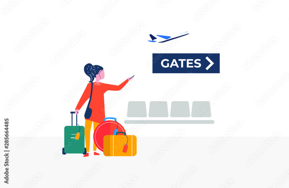 Woman waiting her plane at the airport. Showing direction with her hand. Flat vector illustration.