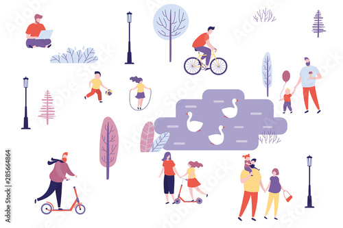 Various people in park,weekend activities,adults and children on nature,