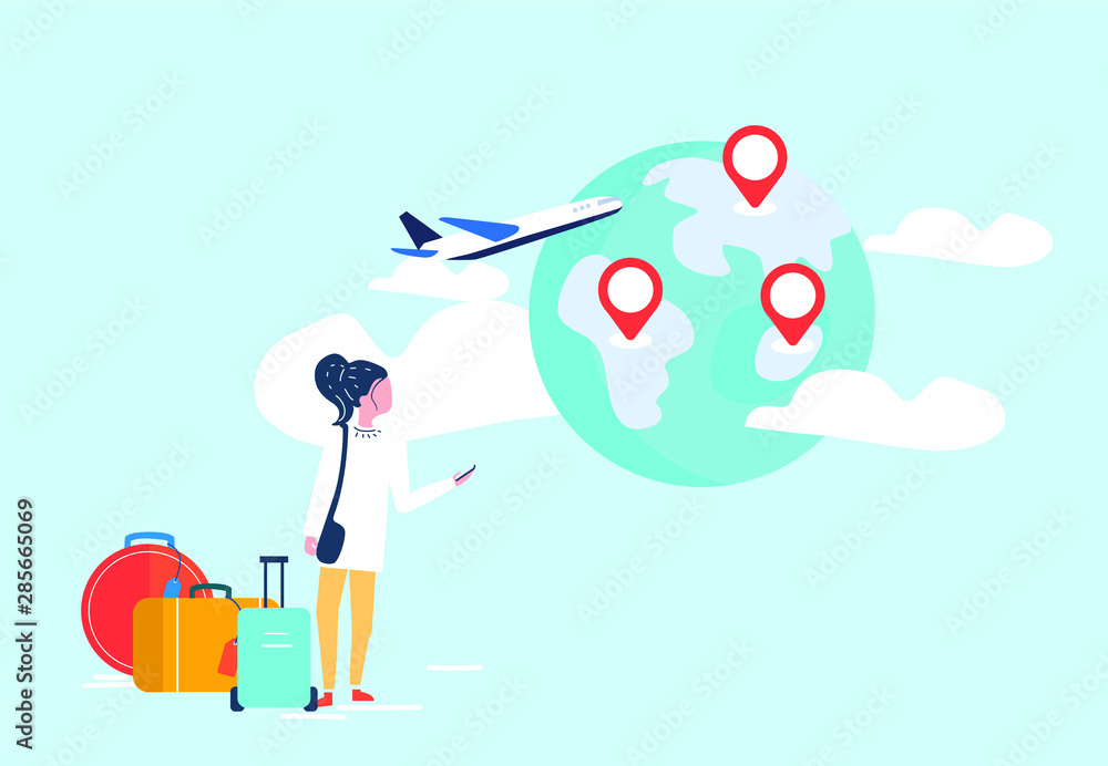 Traveler with her suitcases choosing travel destination. Flat vector illustration.