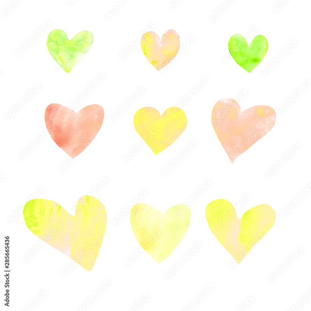 Hand drawn watercolor heart set. Pink, yellow, orange, red, green hearts collection isolated on white background. Romantic design element for wedding invitation, Valentines day card.
