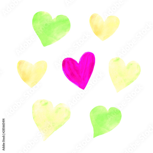 Hand drawn watercolor heart set. Pink  yellow  orange  red  green hearts collection isolated on white background. Romantic design element for wedding invitation  Valentines day card.