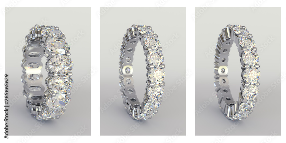 Three shared prong set eternity diamond rings on white background Three shared prong set eternity diamond rings on white background