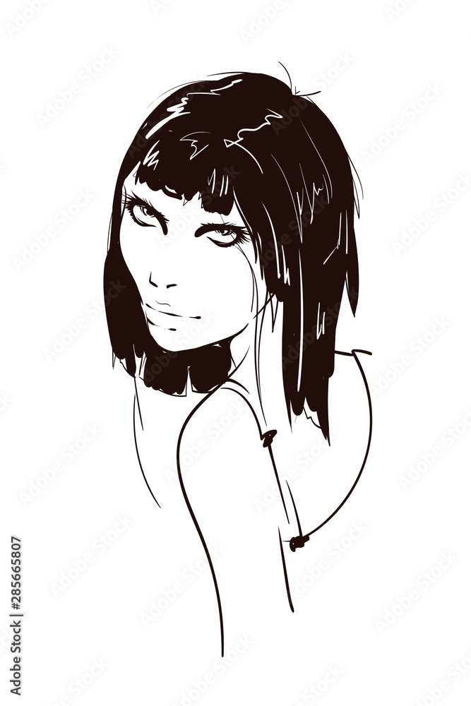 Beautiful young woman with hairstyle and expressive look. Fashion sketch. Fashion girls face. Hand-drawn fashion model. Woman face on a white background. Cosmetics. Beautiful young woman with hairstyle and expressive look. Fashion sketch. Fashion girls face. Hand-drawn fashion model. Woman face on a white background. Cosmetics.