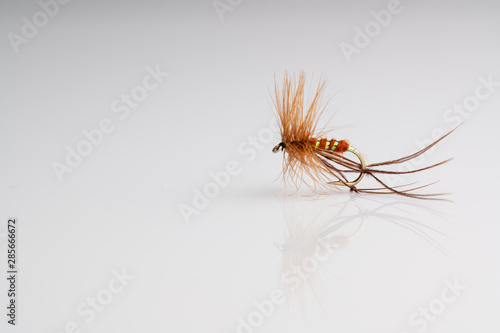 Traditional Brown Hopper Dry Fly Fishing fly against a white background with copy space