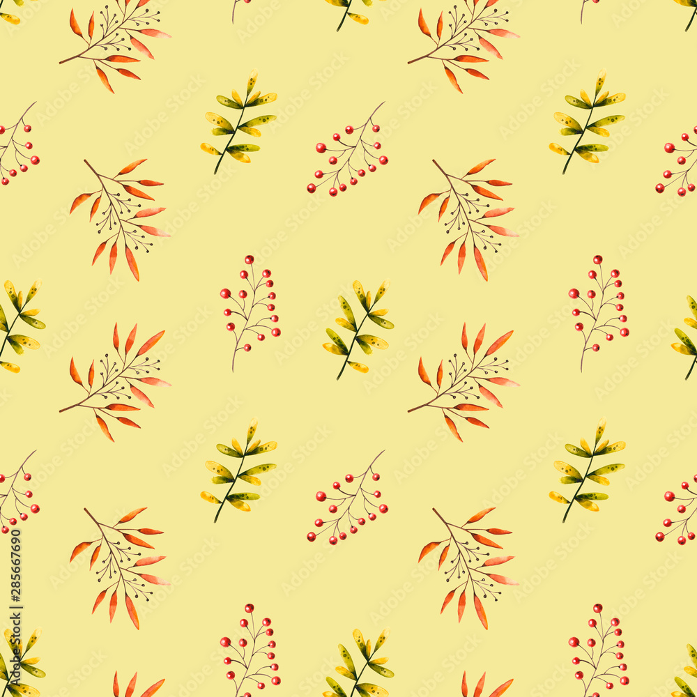 Seamless pattern with watercolor sprigs, leaves, berries, rowan. Illustration isolated. Hand drawn autumn items perfect for wallpaper, vintage design, retro style, poster, print, fabric textile Seamless pattern with watercolor sprigs, leaves, berries, rowan. Illustration isolated. Hand drawn autumn items perfect for wallpaper, vintage design, retro style, poster, print, fabric textile