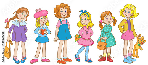 A set of six teenage girls in different poses and with different objects.  In cartoon style. Isolated on white background.